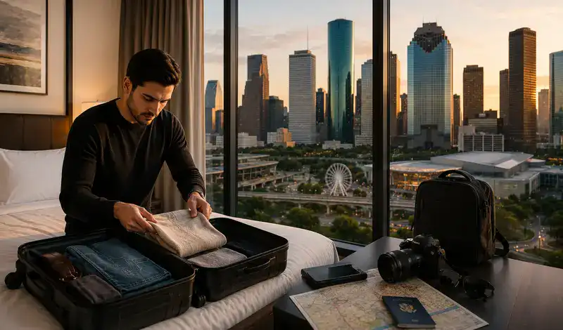 Traveler packing luggage and planning a Houston weekend itinerary before exploring the city's top attractions and neighborhoods.